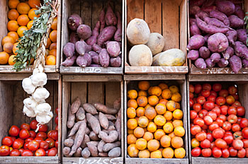Crates of vegetables in market